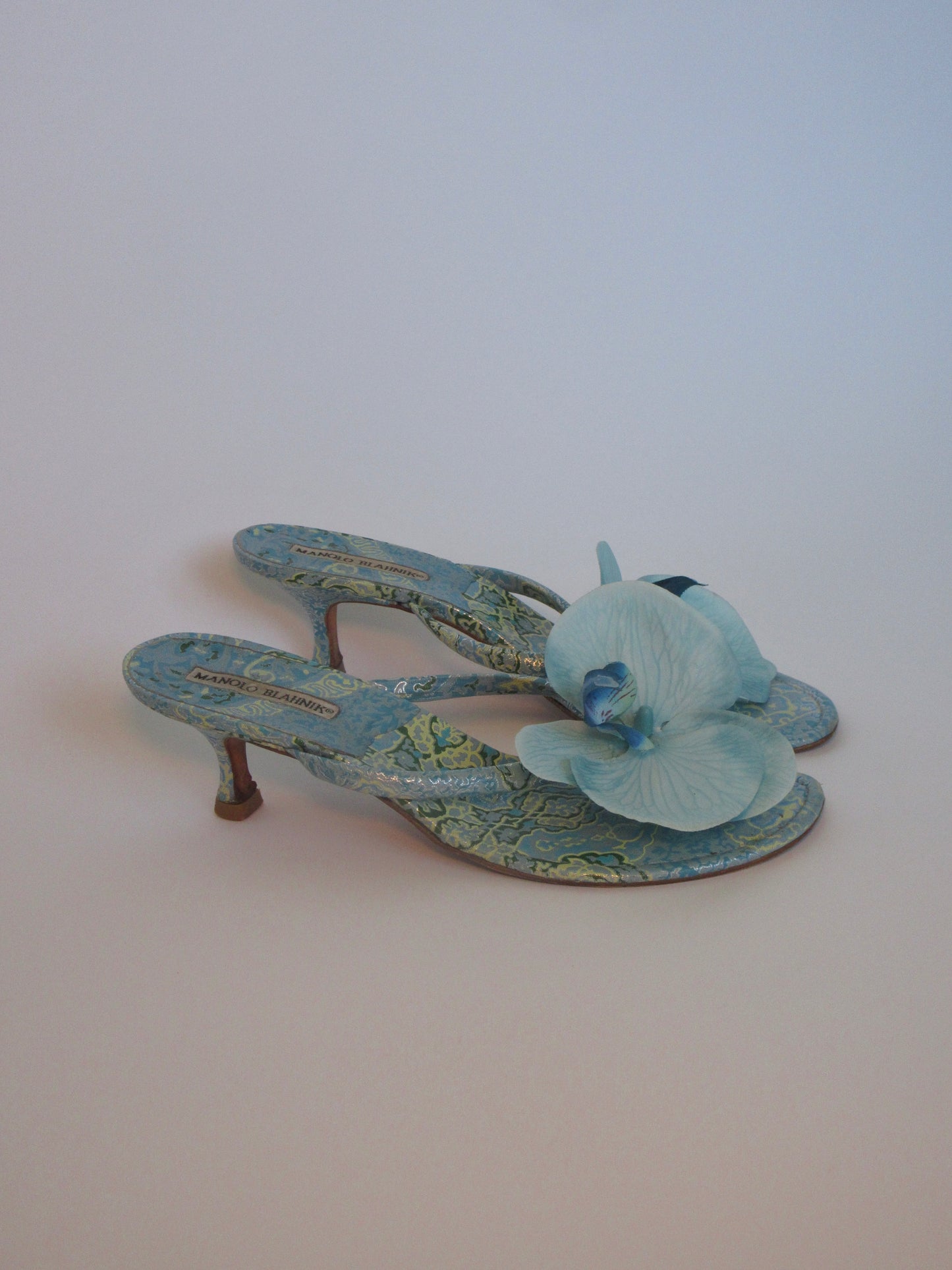 Reworked Upcycled Manolo Blahnik Blue Orchid Kitten Heels