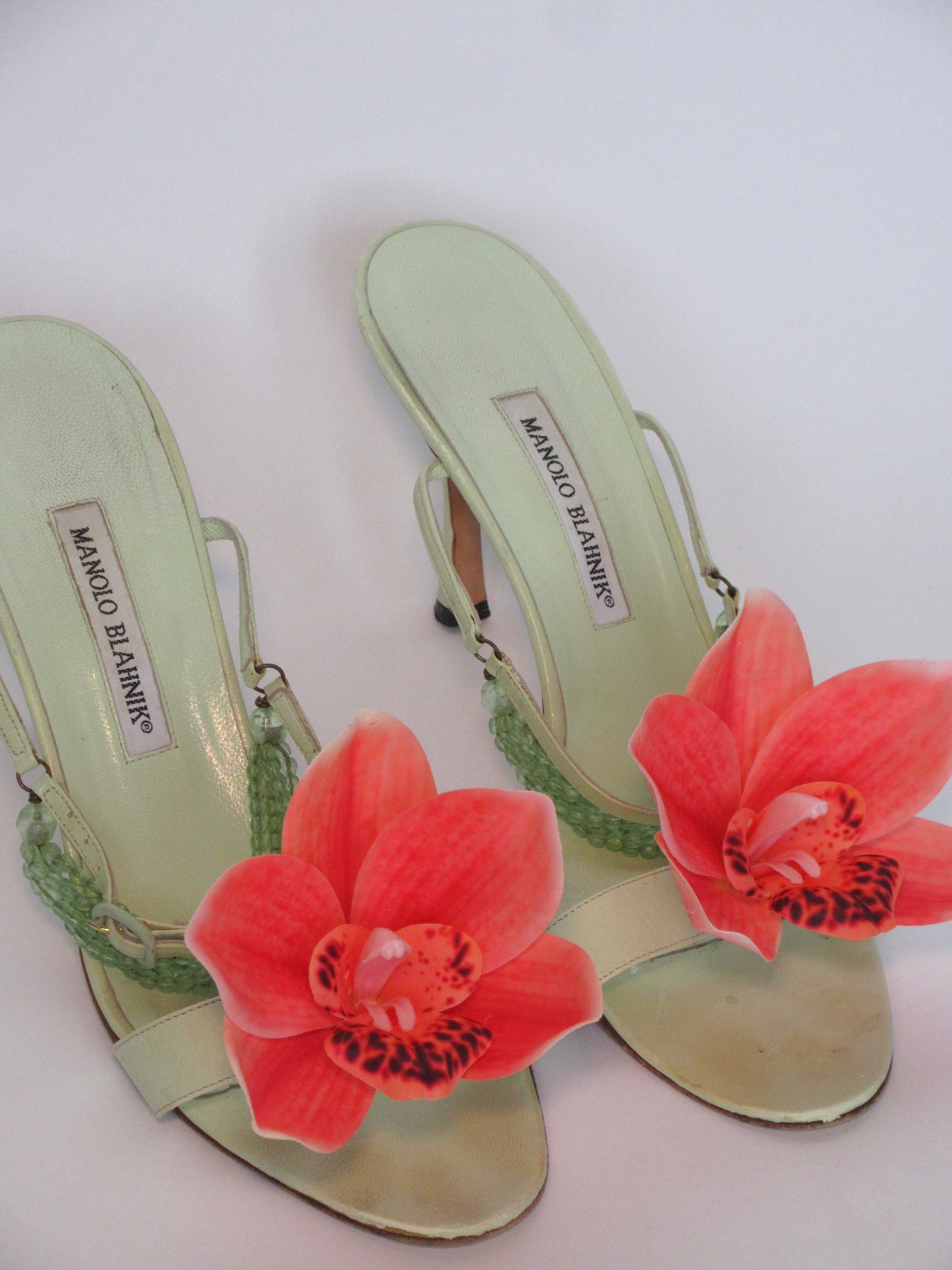 Reworked Upcycled Manolo Blahnik Light Green Orchid Heels