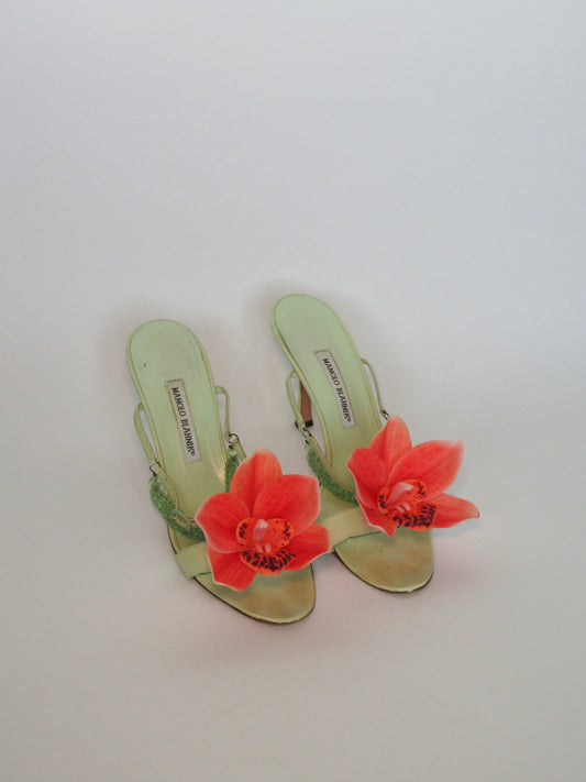 Reworked Upcycled Manolo Blahnik Light Green Orchid Heels