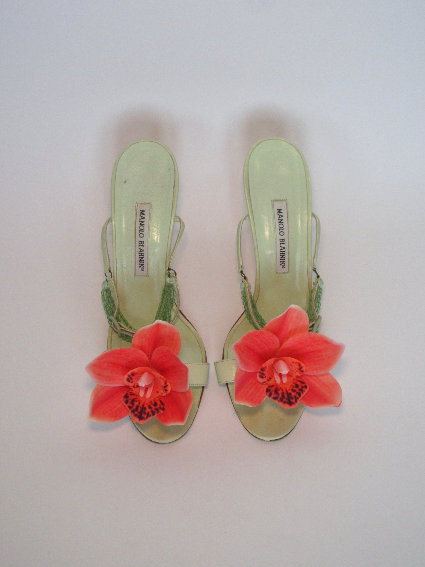 Reworked Upcycled Manolo Blahnik Light Green Orchid Heels