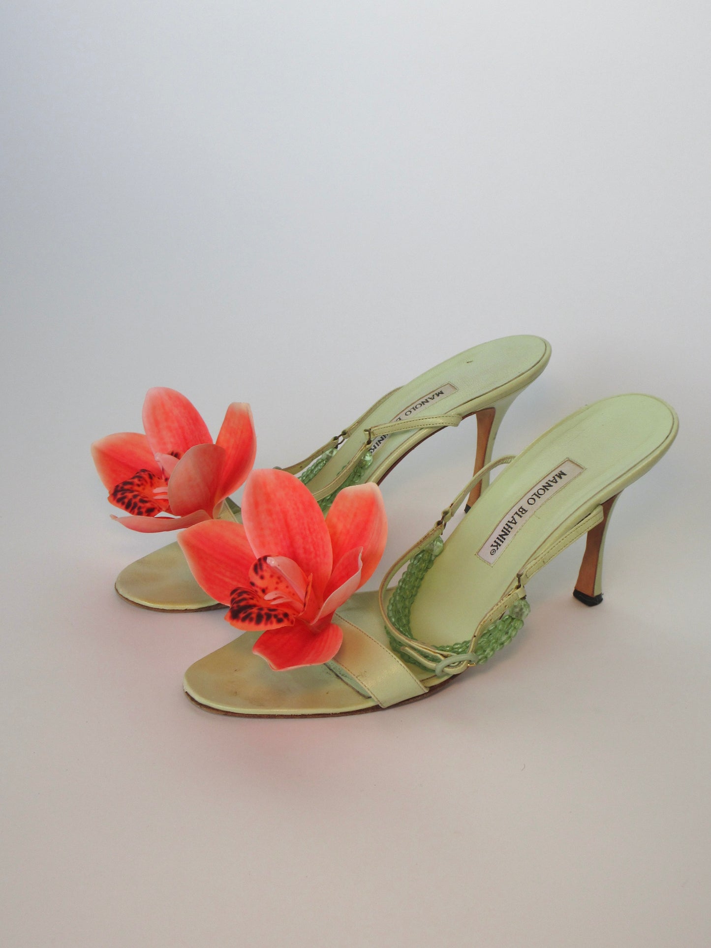 Reworked Upcycled Manolo Blahnik Light Green Orchid Heels