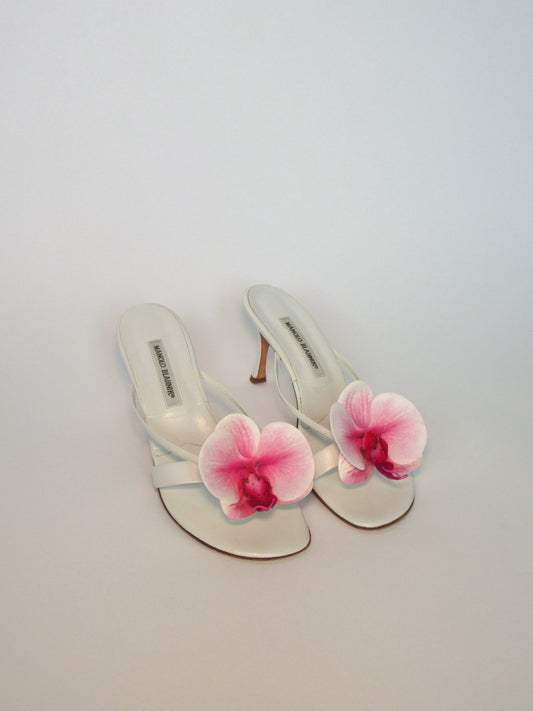 Reworked Upcycled Manolo Blahnik White Pink Orchid Heels
