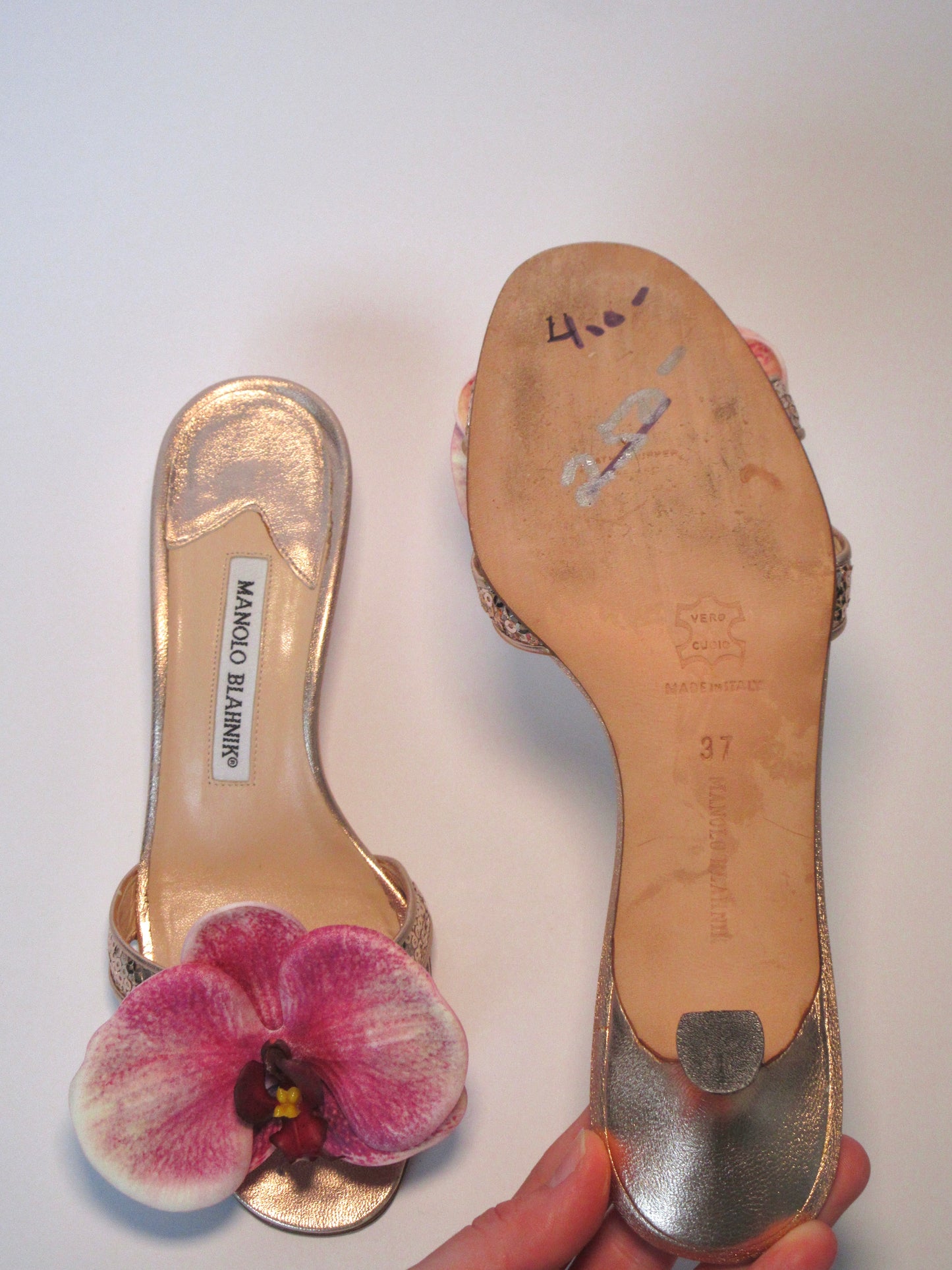 Reworked Upcycled Manolo Balhnik Rose Gold Pink Orchid Heels