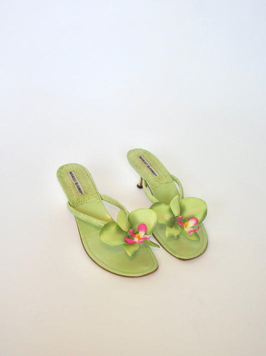 Reworked Upcycled Manolo Blahnik Green Orchid Kitten Heels