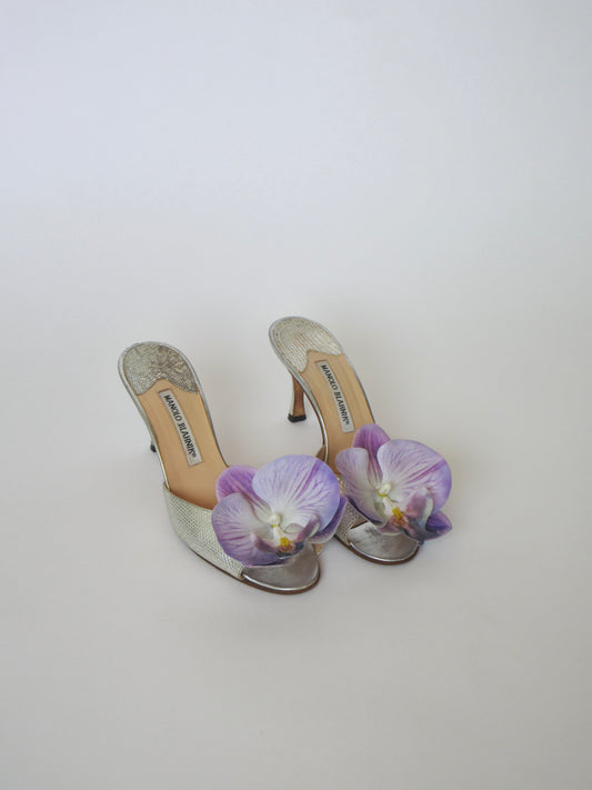 Reworked Upcycled Manolo Blahnik Silver and Purple Orchid Heels