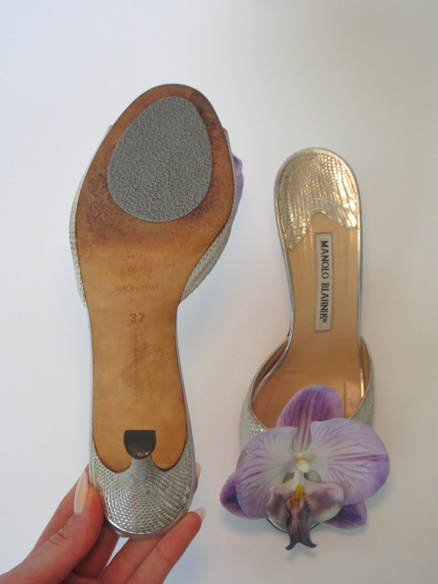 Reworked Upcycled Manolo Blahnik Silver and Purple Orchid Heels