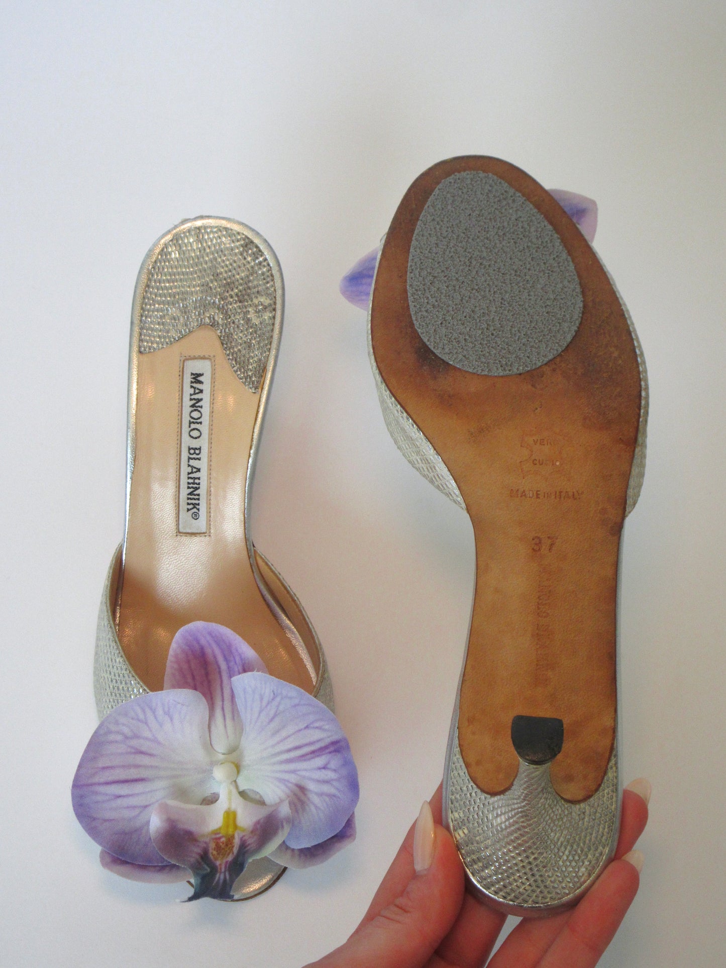Reworked Upcycled Manolo Blahnik Silver and Purple Orchid Heels