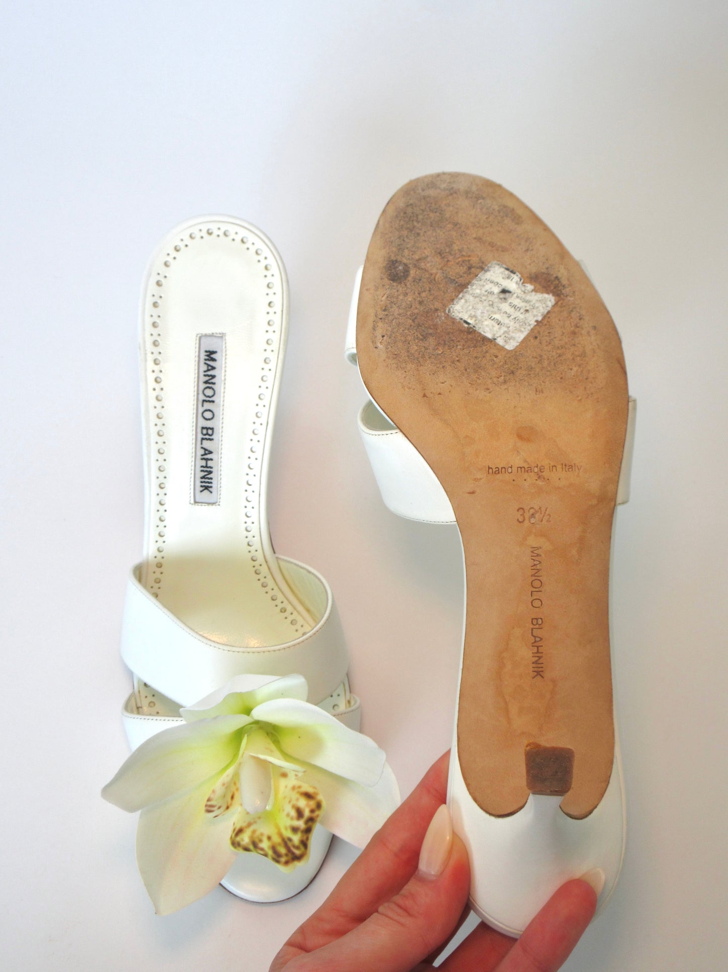 Reworked Upcycled Manolo Blahnik White Orchid Heels