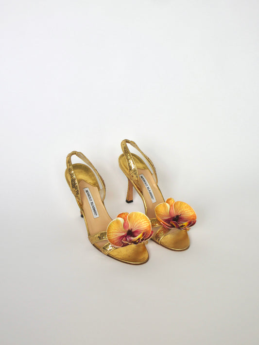 Reworked Upcycled Manolo Blahnik Gold Sequin Heels