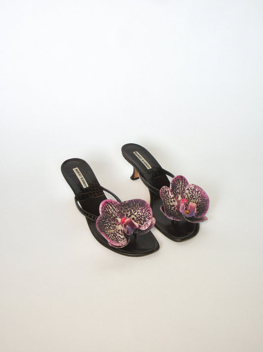 Reworked Upcycled Manolo Blahnik Dark Brown and Purple Kitten Heels