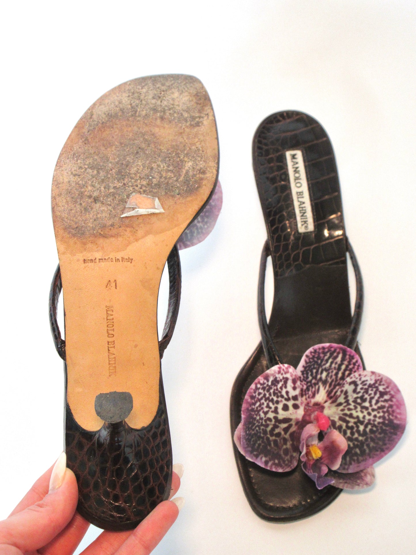Reworked Upcycled Manolo Blahnik Dark Brown and Purple Kitten Heels