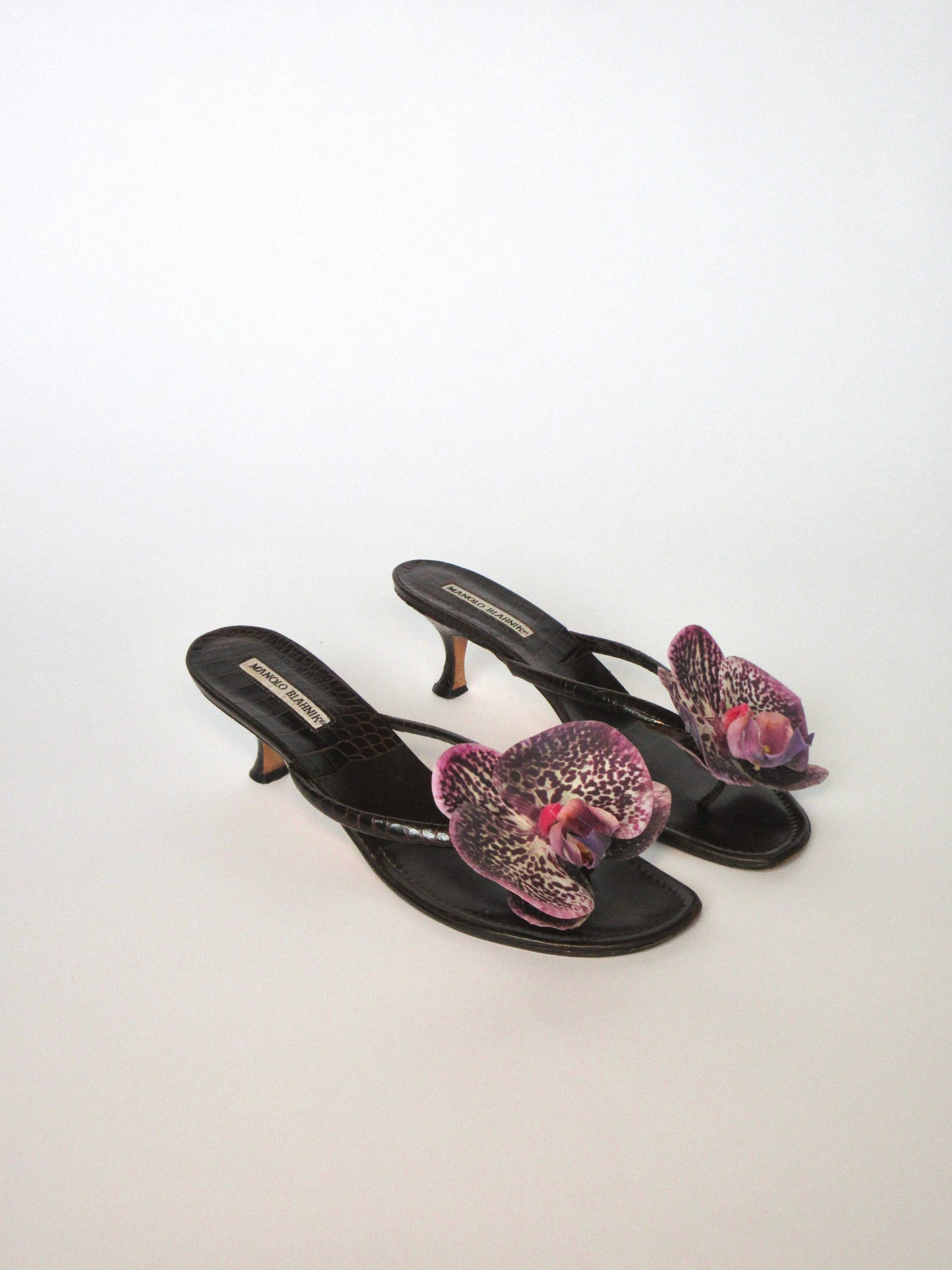 Reworked Upcycled Manolo Blahnik Dark Brown and Purple Kitten Heels