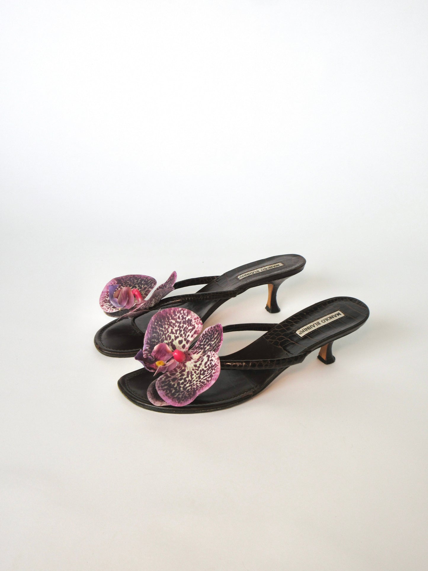 Reworked Upcycled Manolo Blahnik Dark Brown and Purple Kitten Heels