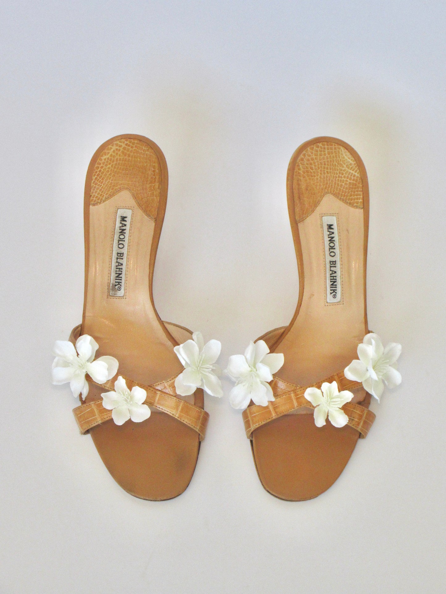 Reworked Upcycled Manolo Blahnik Tan with White Flowers Heels