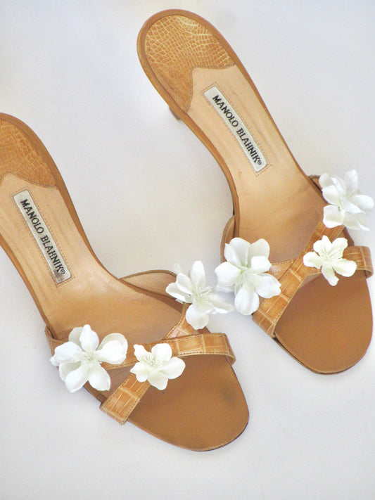 Reworked Upcycled Manolo Blahnik Tan with White Flowers Heels