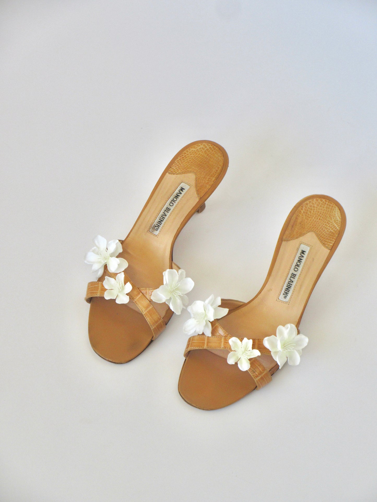 Reworked Upcycled Manolo Blahnik Tan with White Flowers Heels