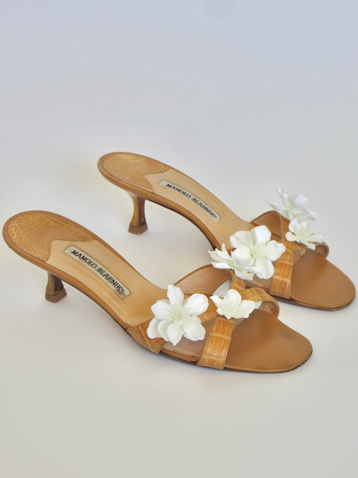 Reworked Upcycled Manolo Blahnik Tan with White Flowers Heels