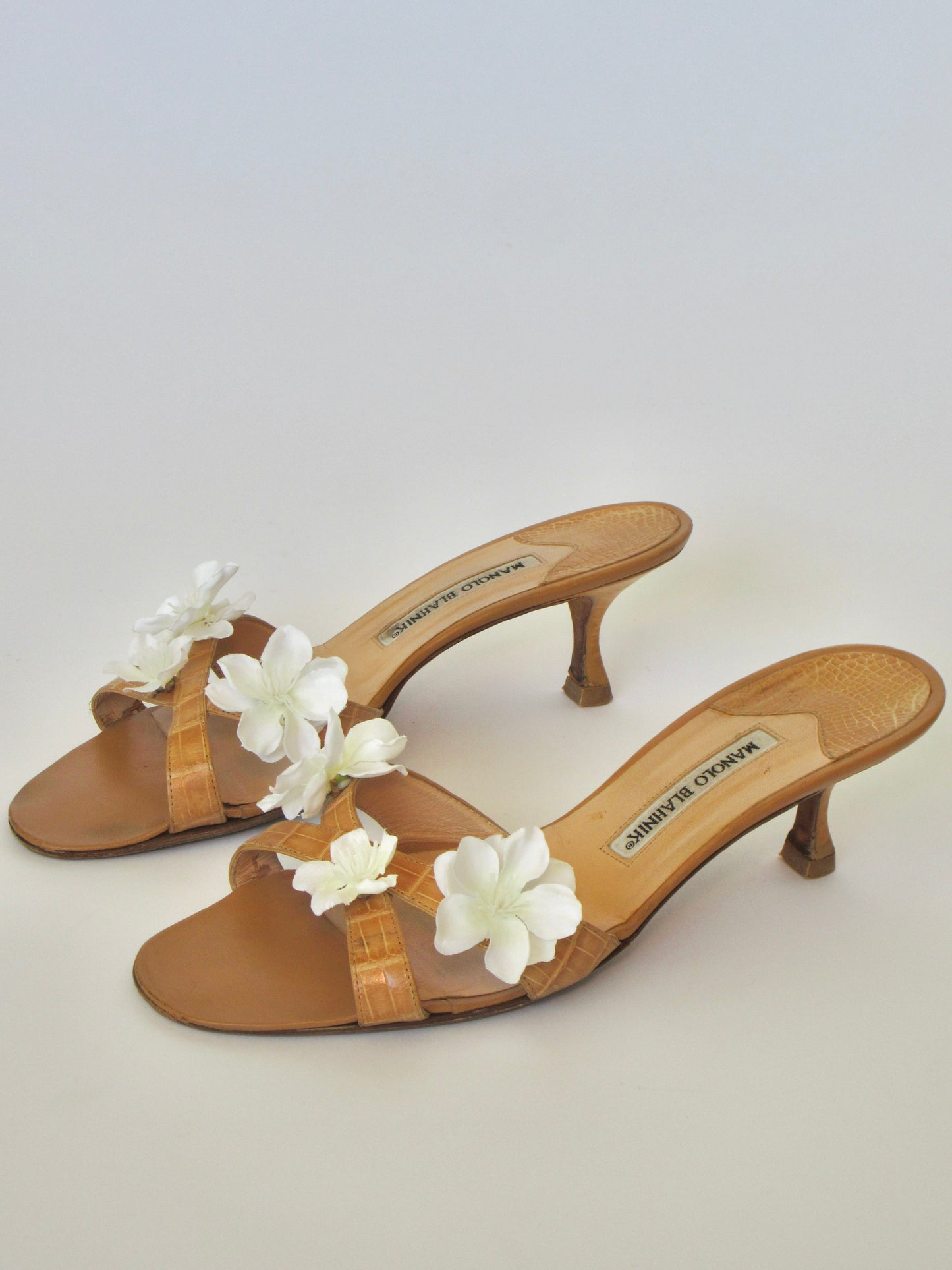 Reworked Upcycled Manolo Blahnik Tan with White Flowers Heels