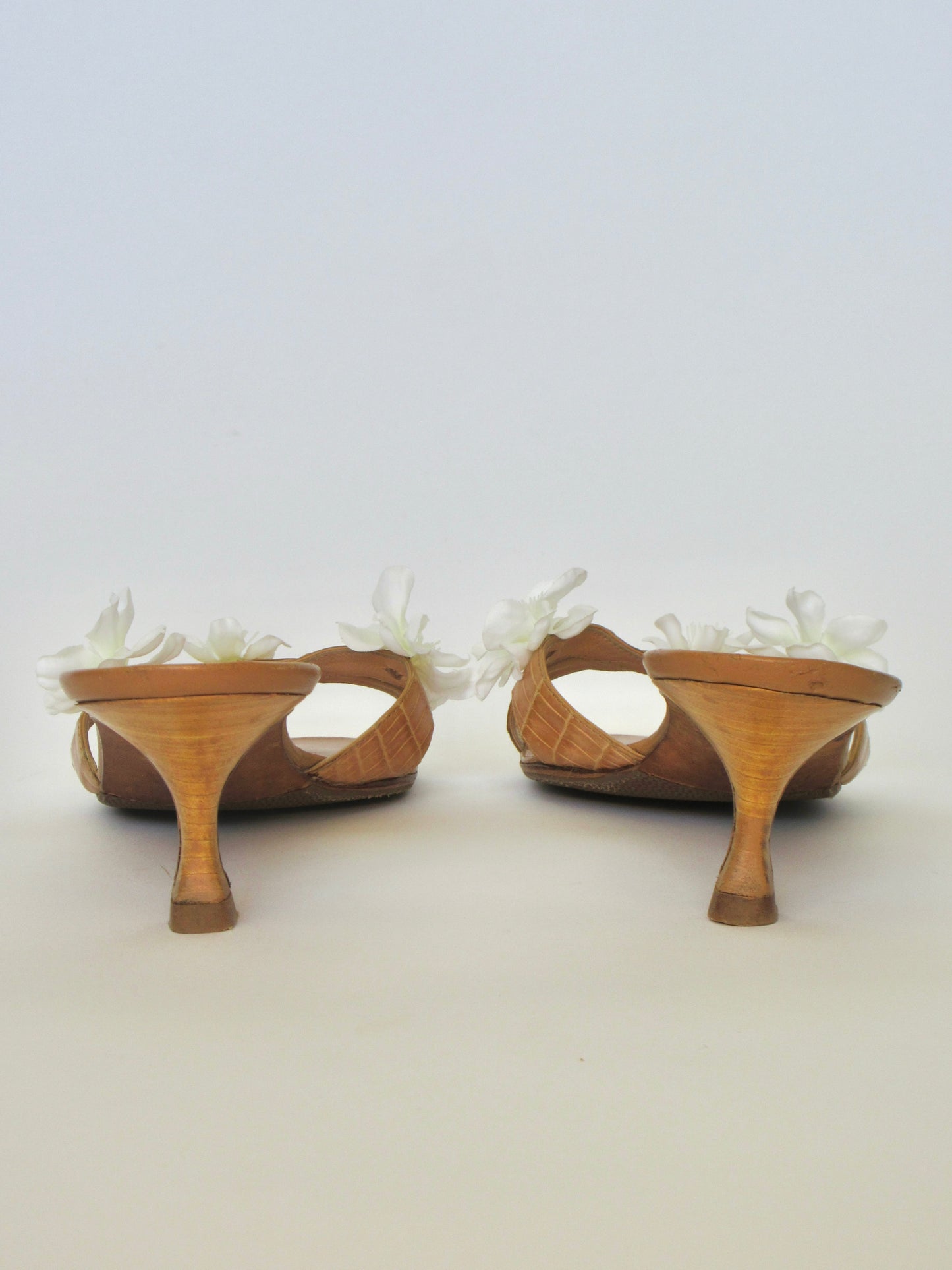 Reworked Upcycled Manolo Blahnik Tan with White Flowers Heels