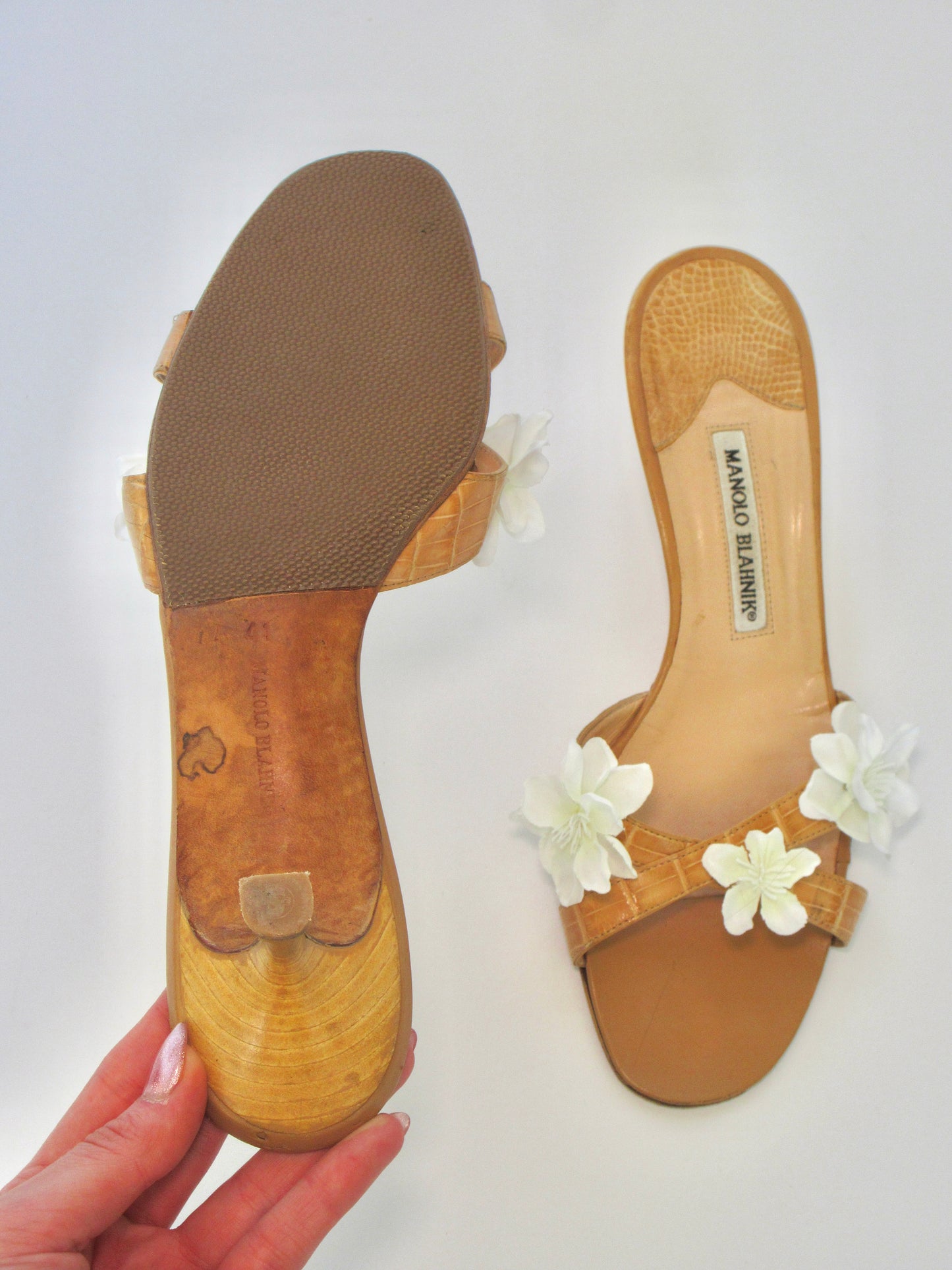 Reworked Upcycled Manolo Blahnik Tan with White Flowers Heels