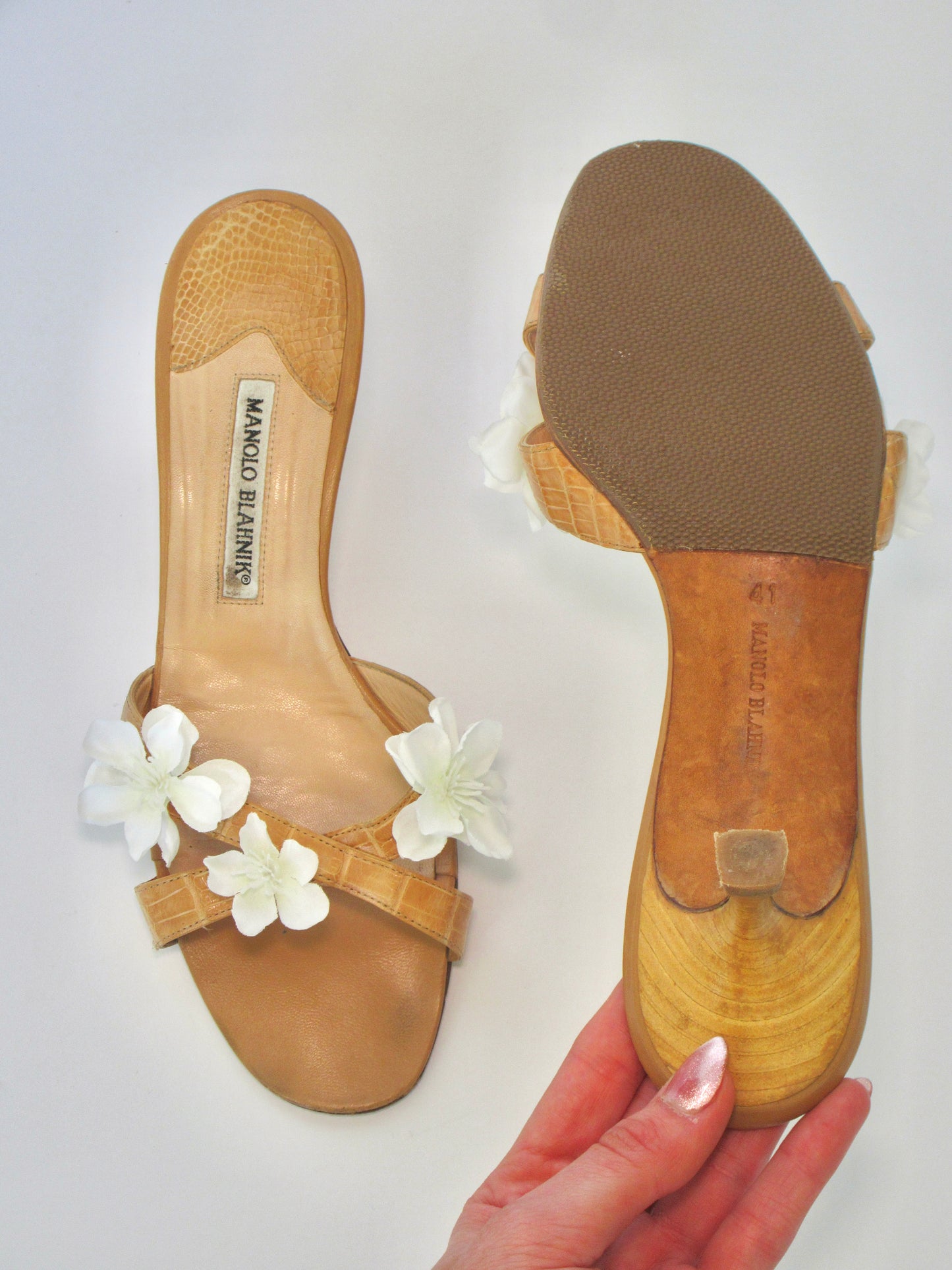 Reworked Upcycled Manolo Blahnik Tan with White Flowers Heels