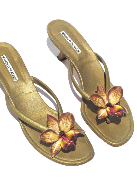 Reworked Upcycled Manolo Blahnik Muted Gold Orchid Kitten Heels