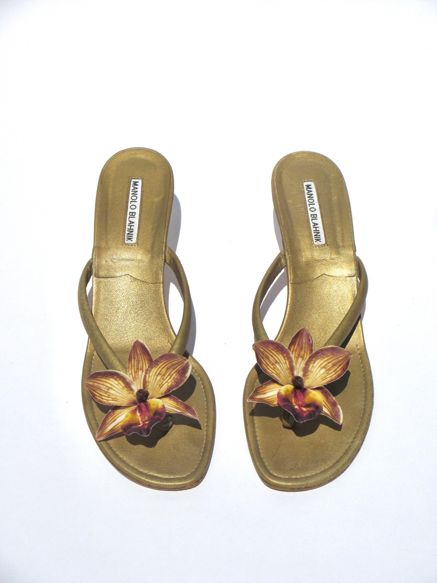 Reworked Upcycled Manolo Blahnik Muted Gold Orchid Kitten Heels