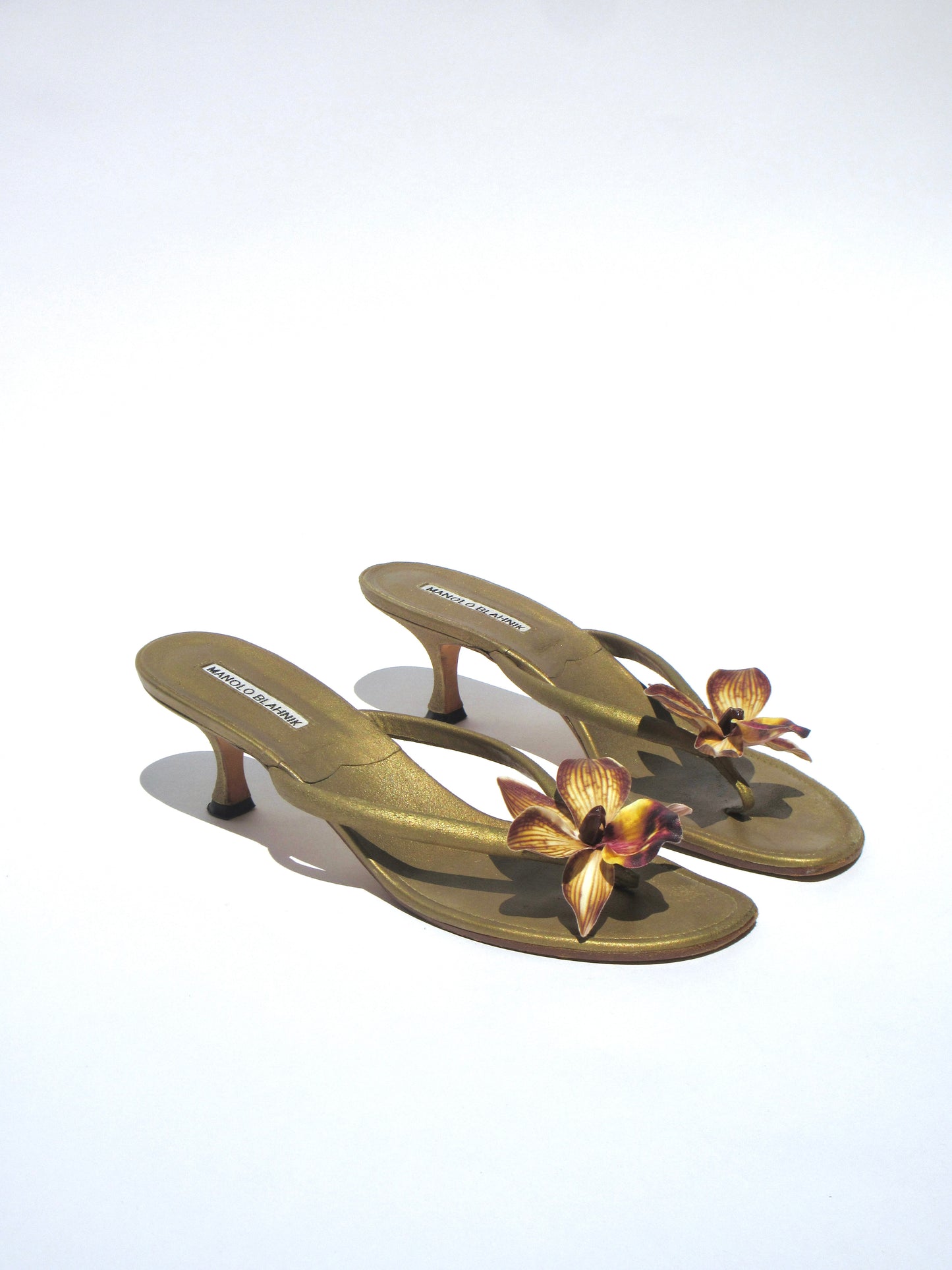 Reworked Upcycled Manolo Blahnik Muted Gold Orchid Kitten Heels