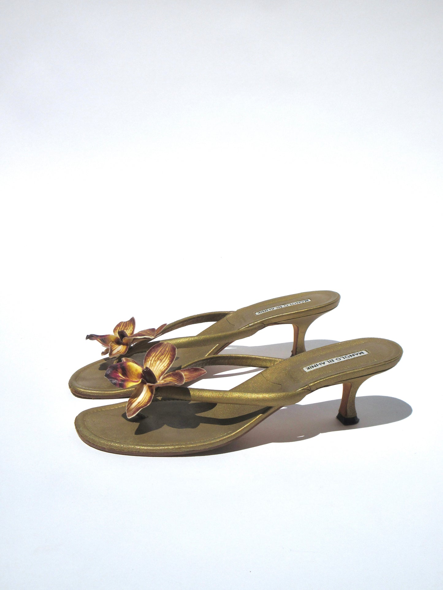 Reworked Upcycled Manolo Blahnik Muted Gold Orchid Kitten Heels