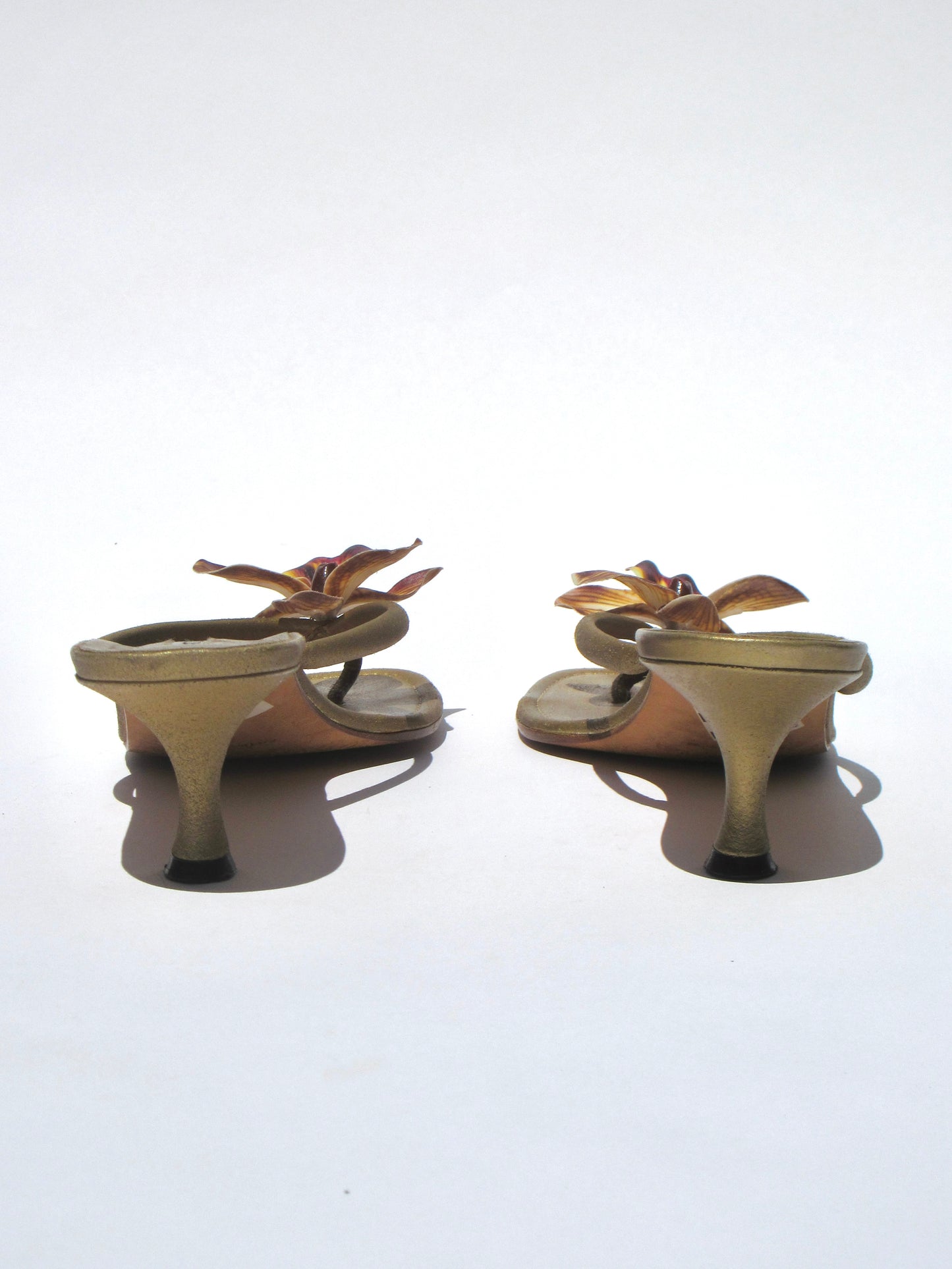 Reworked Upcycled Manolo Blahnik Muted Gold Orchid Kitten Heels